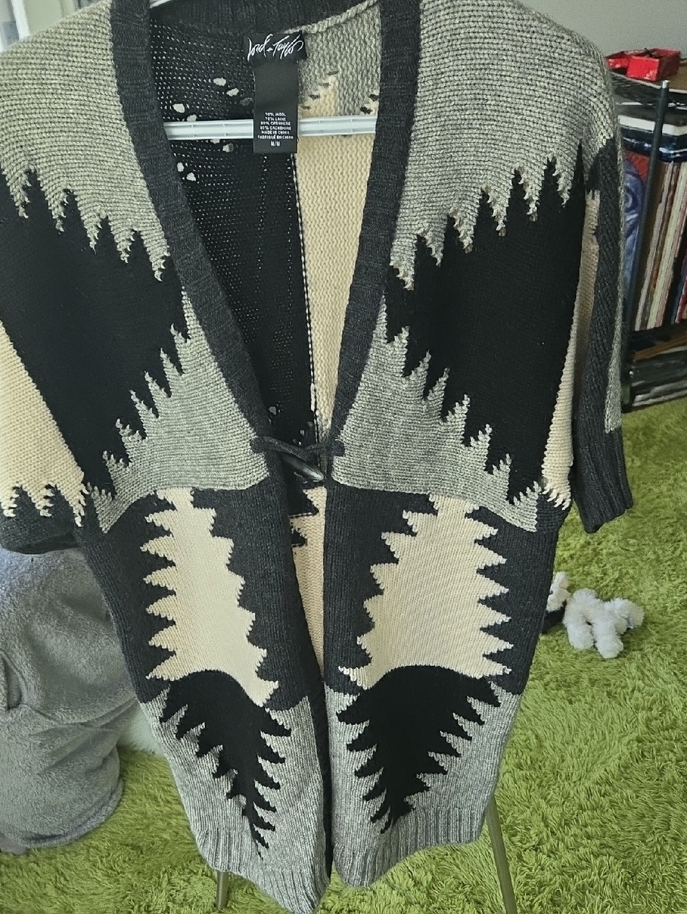 Lord & Taylor Black, Cream & Gray Aztec Open Cardigan